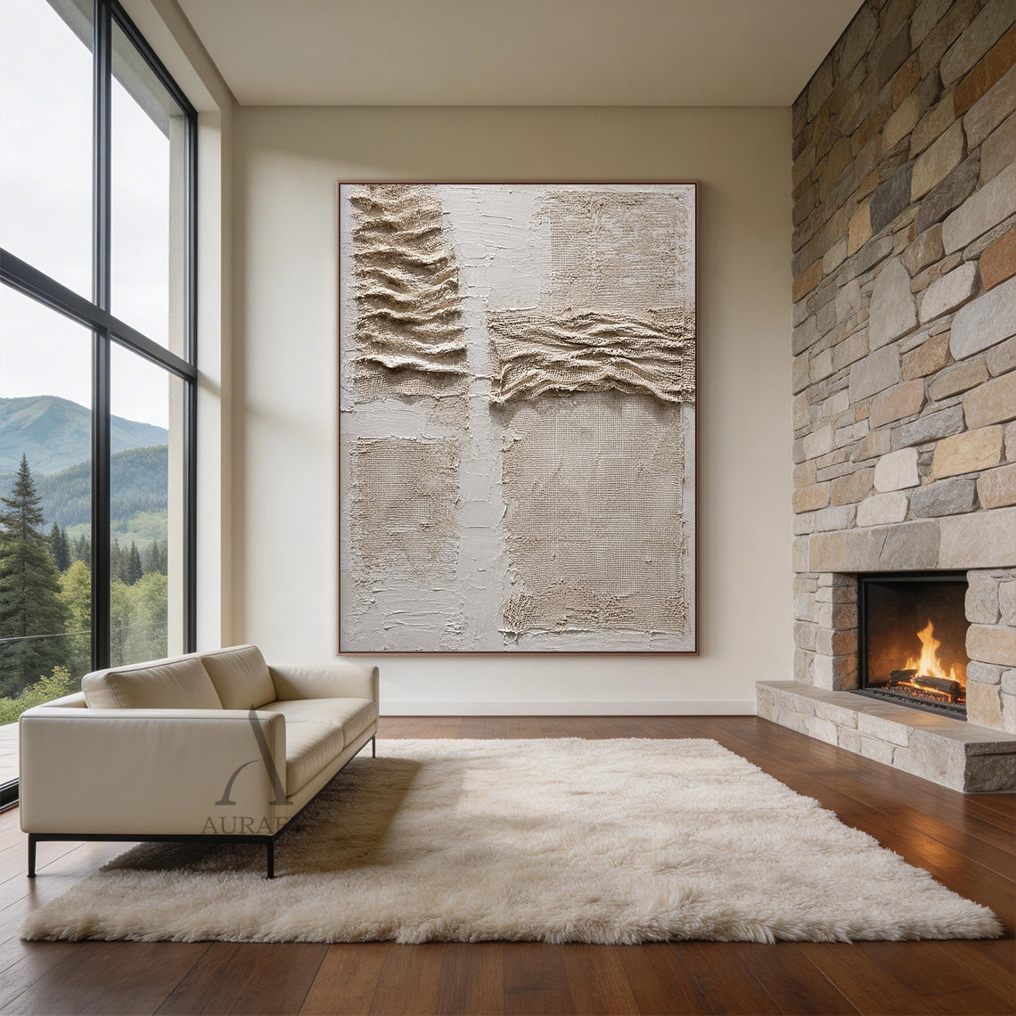 Soft Fold, Beige Brown Mesh and Plaster Textured Painting AURA857
