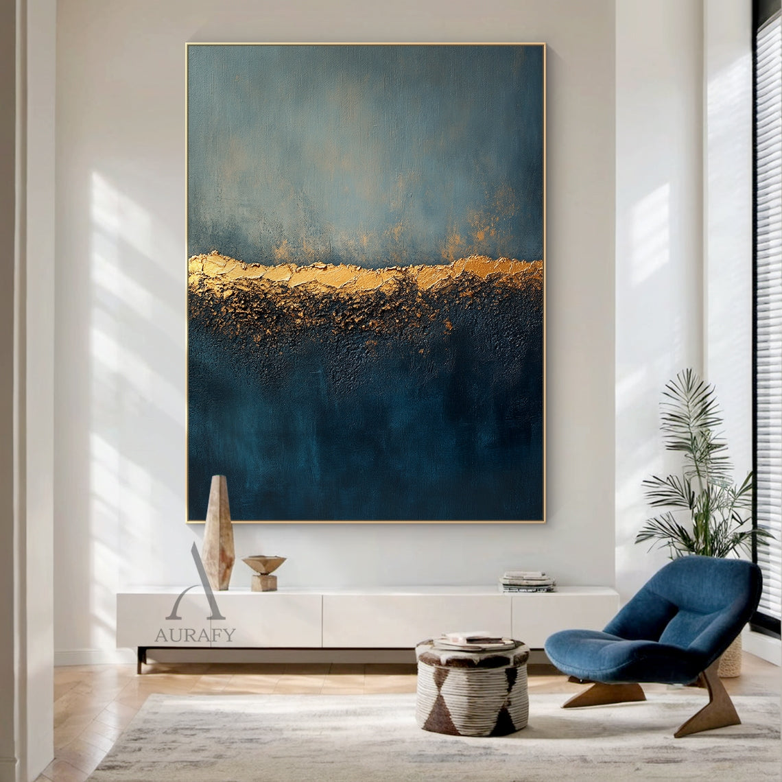 Blue Gold Abstract Plaster Textured High Relief Japandi Wabi-Sabi Minimalist Luxe Canvas Wall Art AURA726