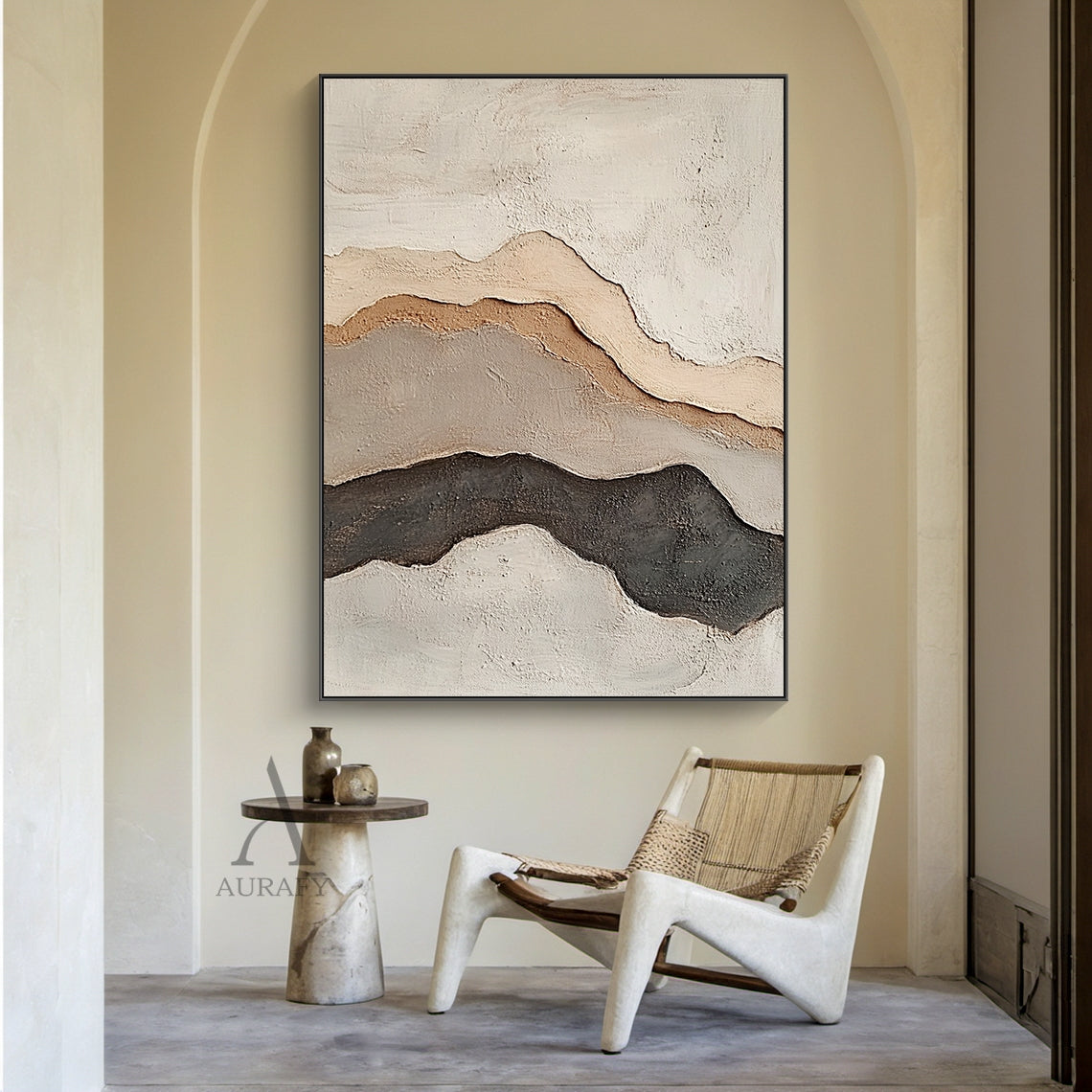 Beige Abstract Landscape Layered Plaster Textured High-Relief Tactile Minimalist Modern Organic Artwork AURA438