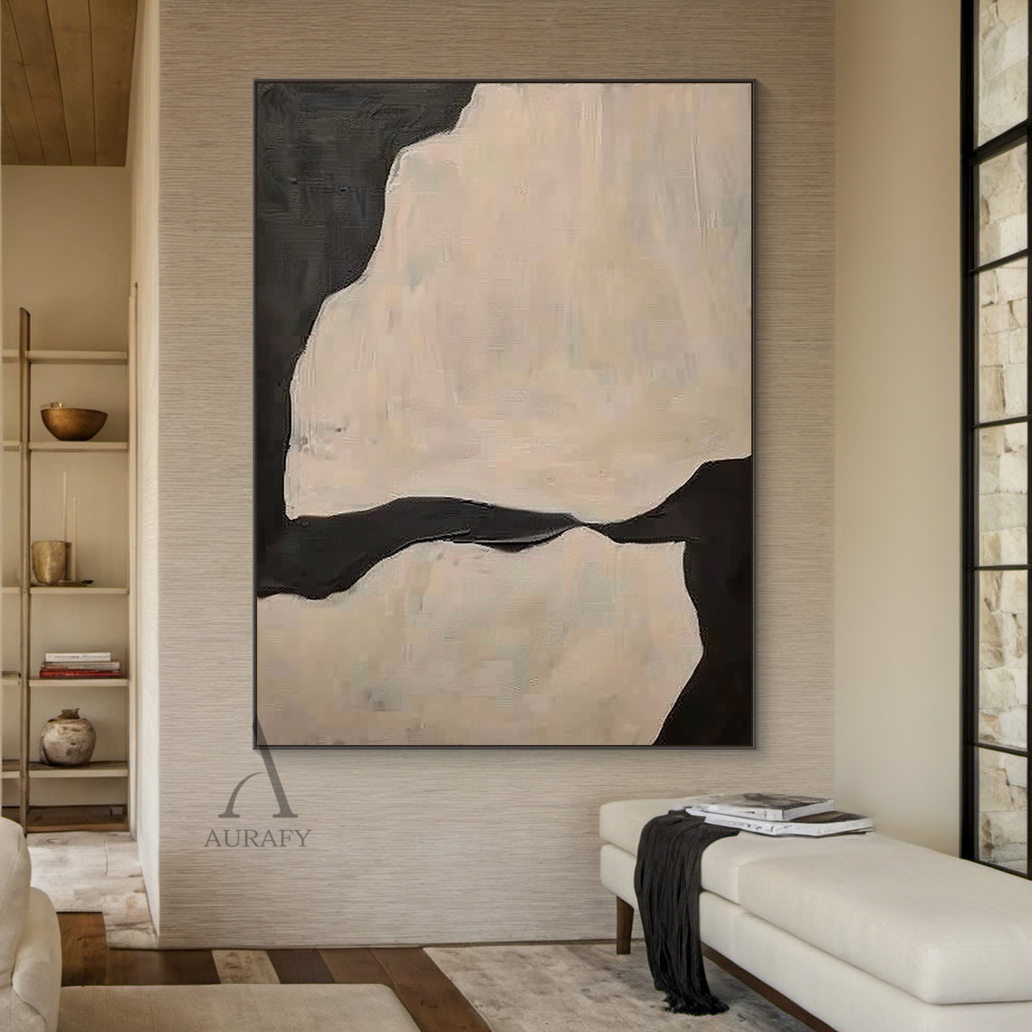 Beige Organic Abstract Painting with Flowing Black Negative Space - AURA838