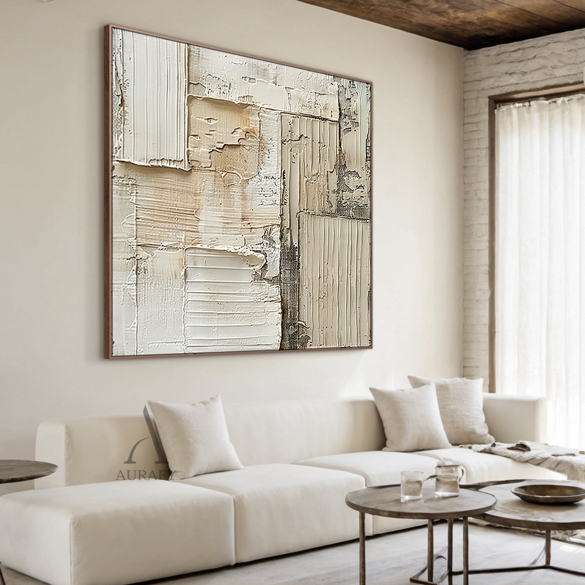 Weathered Grid, Beige Ridged Plaster Abstract Painting AURA868