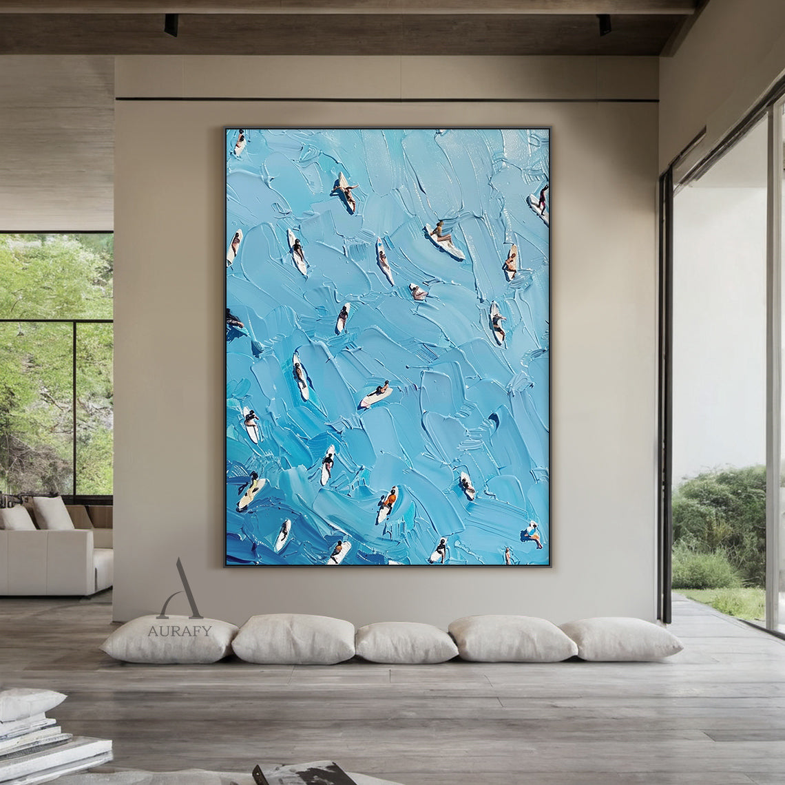 Blue Sea Surfing Art Impasto Texture Dynamic Surfer Scene Knife Strokes Vibrant Blue Tones AURA417
