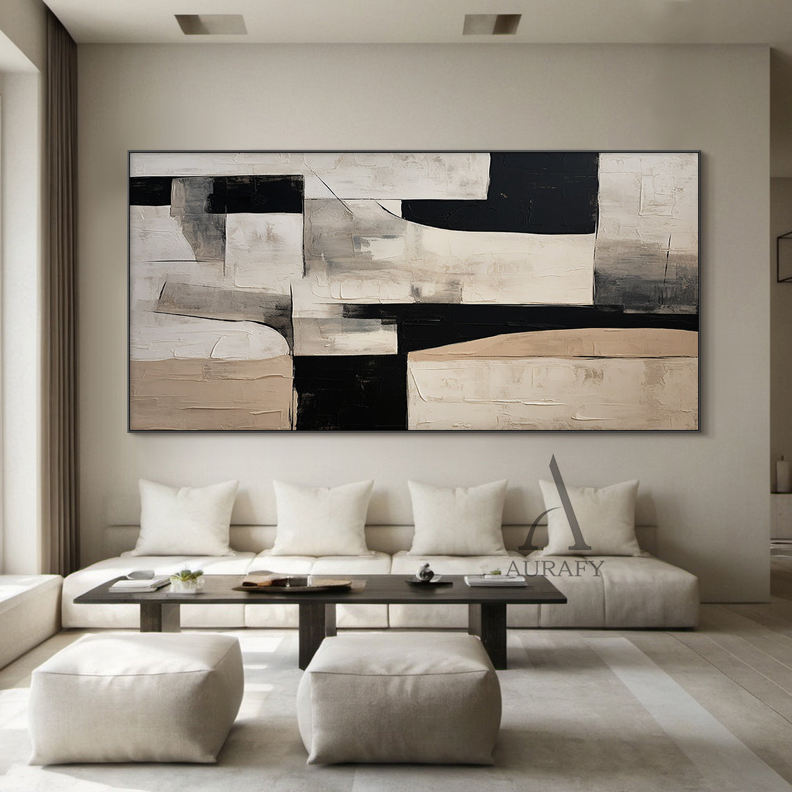 General Abstract Black Beige White Impasto Textured Tactile Surface Minimalist Luxe Artwork AURA484