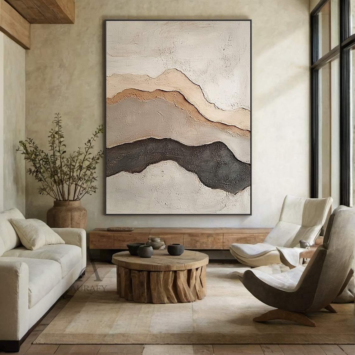 Beige Abstract Landscape Layered Plaster Textured High-Relief Tactile Minimalist Modern Organic Artwork AURA438