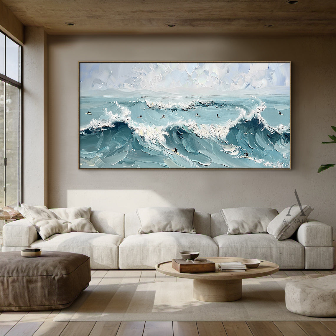 Blue Ocean Surf Art Thick Impasto Palette Knife Modern Expressionism Tactile Waves Surfers AURA415