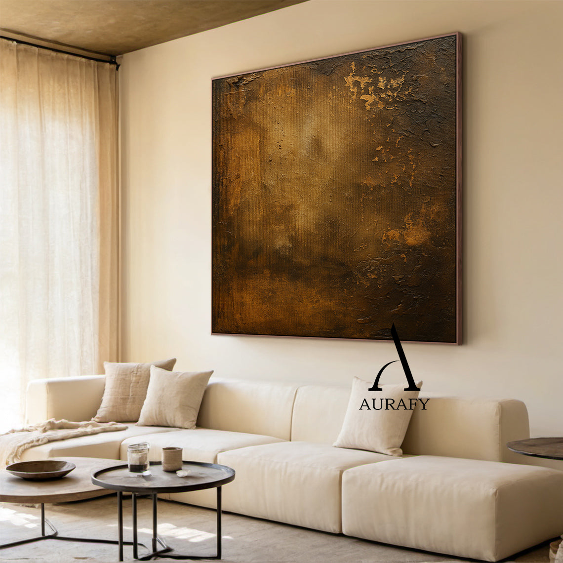 Wabi Sabi Brown Plaster Textured Weathered Canvas Art with Chipped Finish Tactile Surface AURA568
