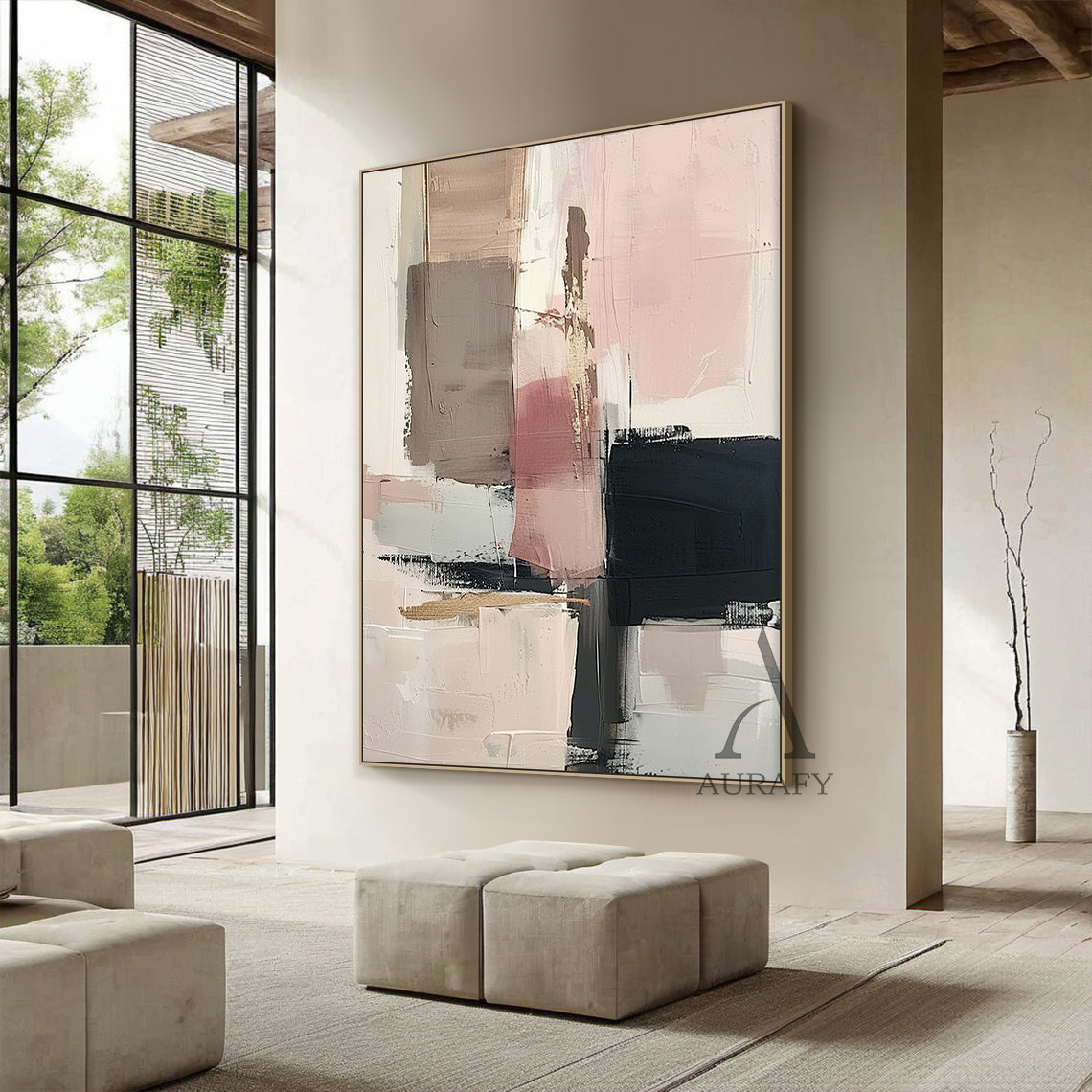 General Abstract Art Impasto Knife Strokes Pink Black Beige Tactile Luxe Modern Canvas AURA495