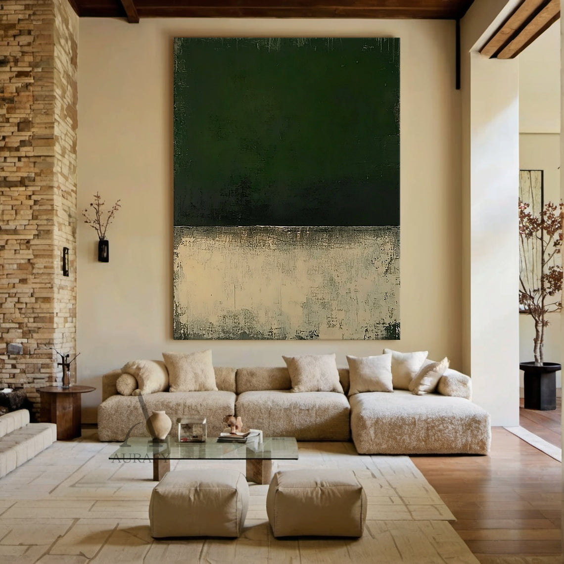 Dark Green Color Block Abstract Wall Art - AURA698