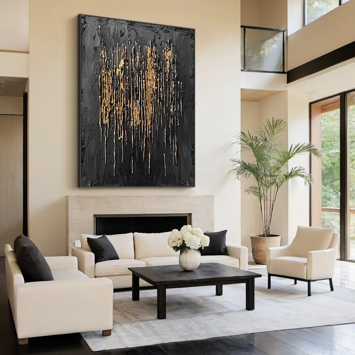 Metallic Drip Texture Canvas – Charcoal & Gold Accents – AURA031(Horizontal)