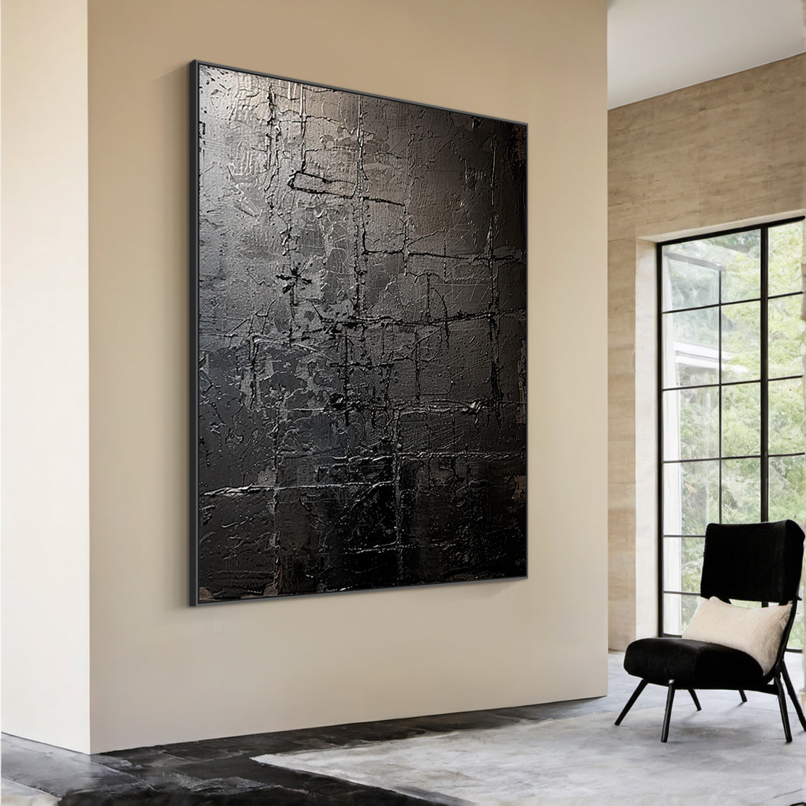 Monochrome Grid Texture Wall Art – Onyx & Charcoal Tones – AURA032(Vertical)