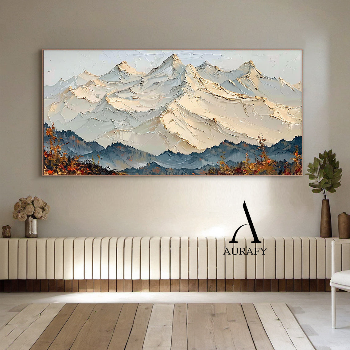 3D Textured Mountain Landscape Thick Impasto Knife Strokes Beige Blue Sculpted Tactile Canvas AURA514