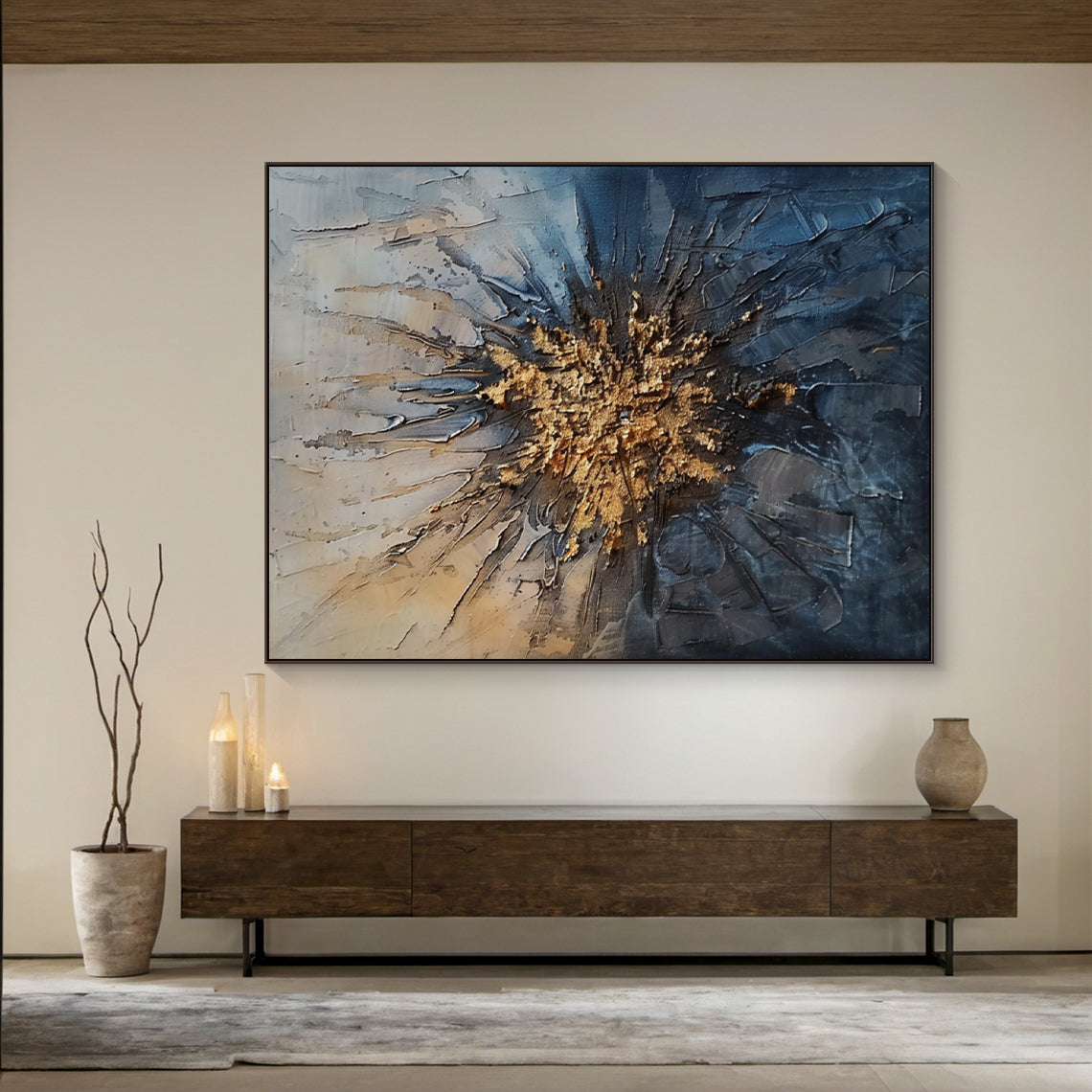 General Abstract Blue Yellow Textured Wall Art Living Room Decor AURA193
