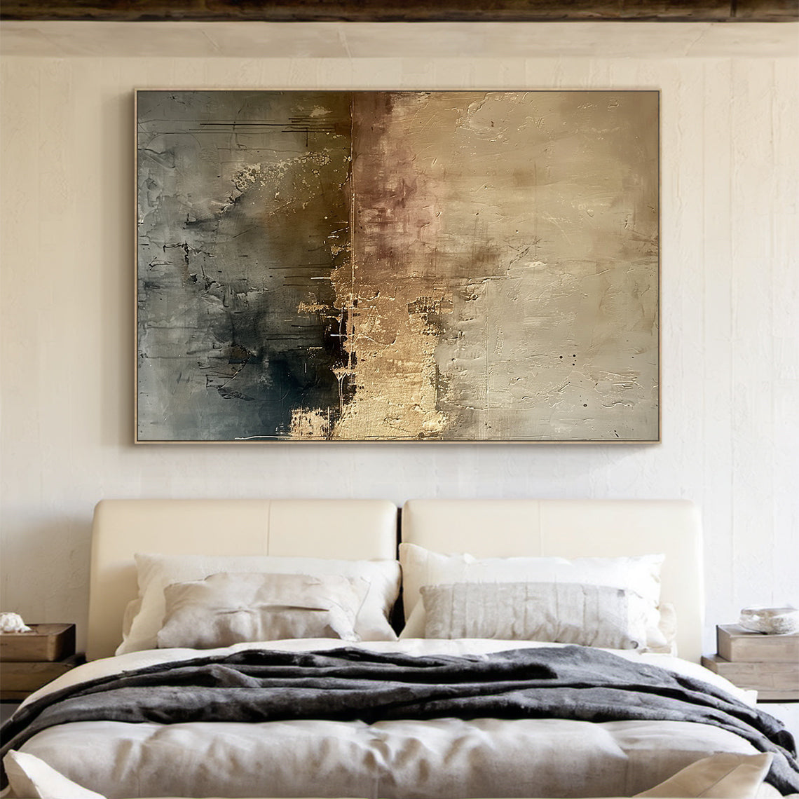 Ash Horizon-Black & Warm Beige Abstract Wall Art, Spatial Field-AURA083