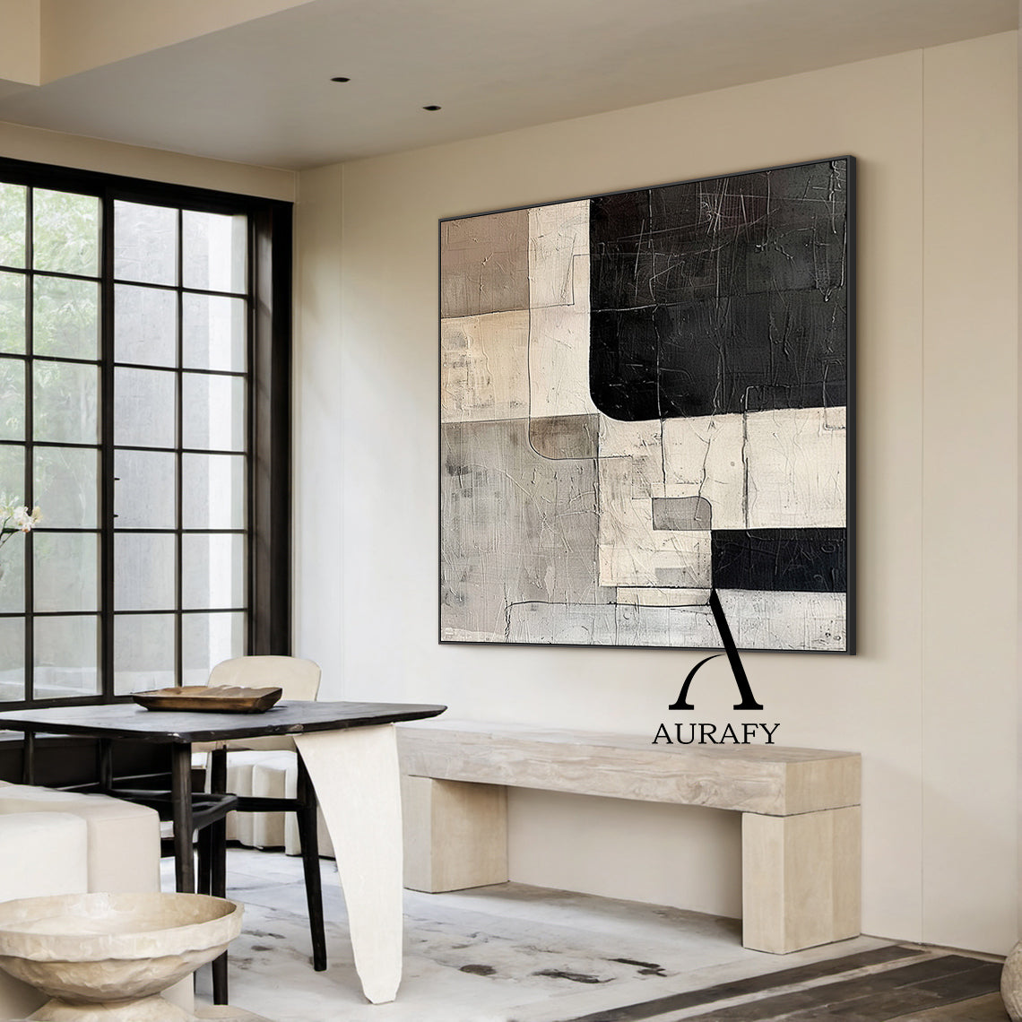 Wabi Sabi Abstract Art Tactile Scratch Textured Black Beige Gray Modern Organic Wall Decor AURA566