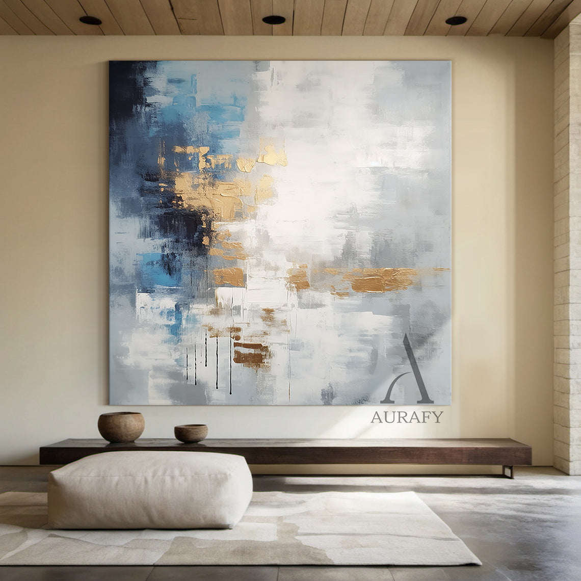 Abstract Wall Art Minimalist Luxe with High Relief Gold Tactile Surface Knife Strokes Black Drips AURA487