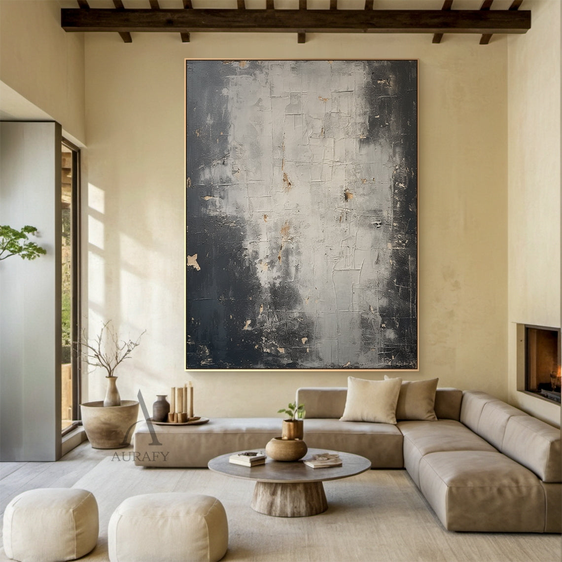 Black, Grey & Off-White Weathered Abstract Wall Art - AURA820