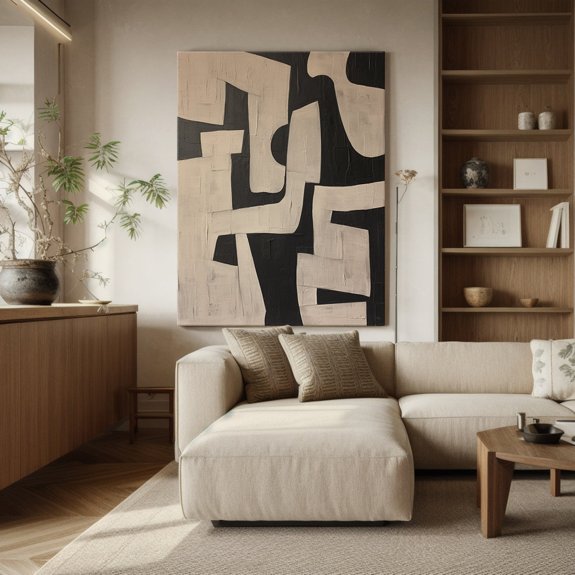 General Abstract Beige Black Textured Wall Art Modern Home Decor-AURA179