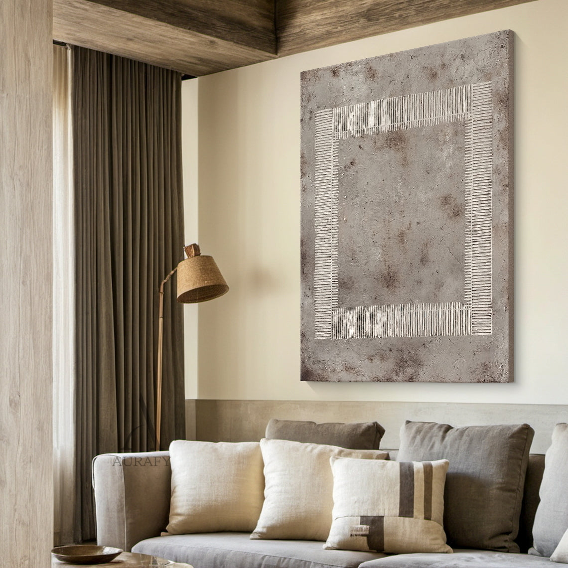 Gray Abstract Art Plaster Textured Woven Line Frame Retro Industrial Minimalist Wall Decor AURA593