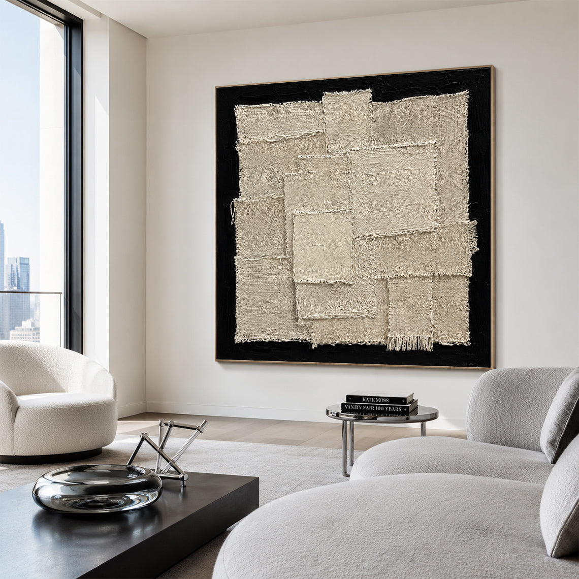 Wabi-Sabi Japandi 3D Textured Black Beige Sculpted Canvas Plaster Tactile Fringe Minimalist Abstract Painting AURA759
