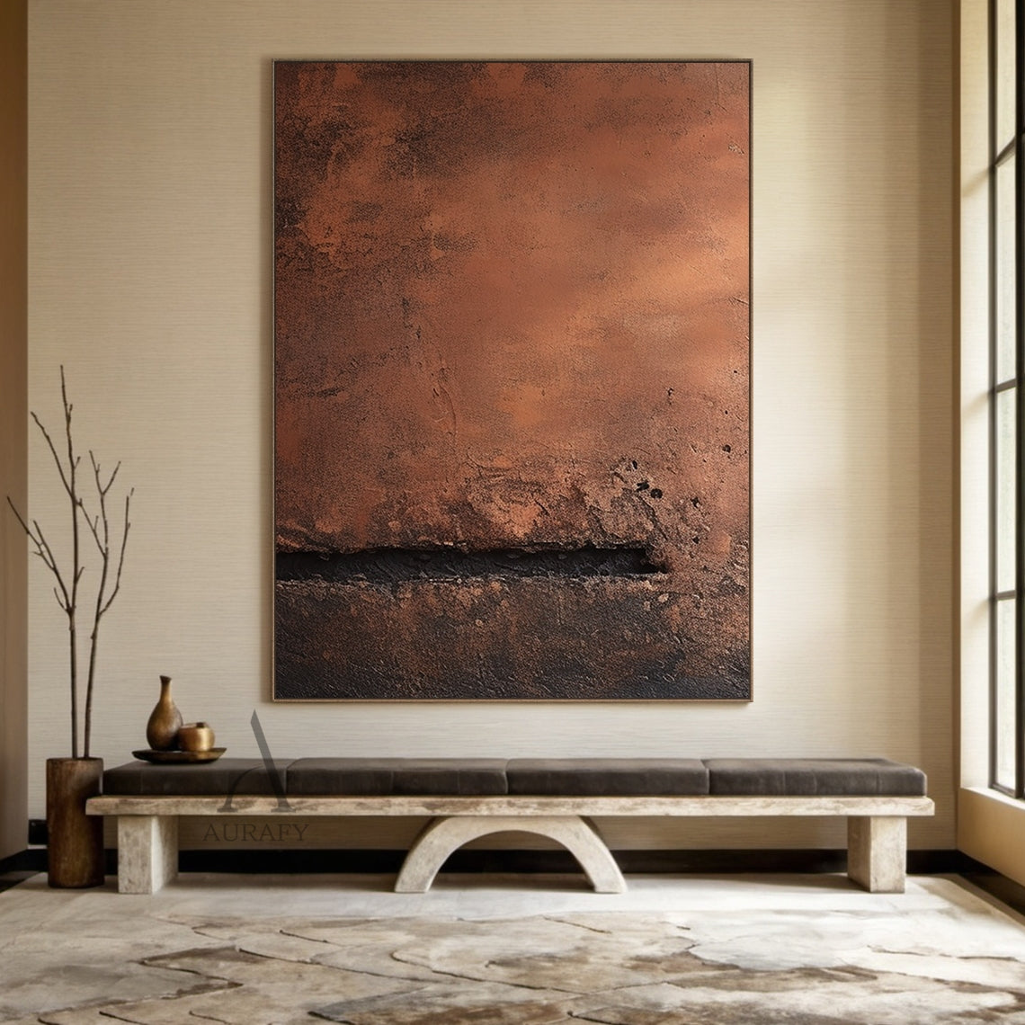 Rust Red and Brown Abstract Painting with a Dark Fissure - AURA831