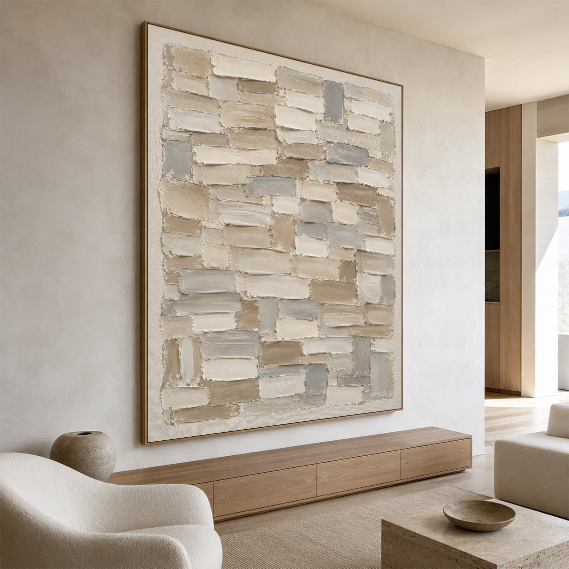 Textured Abstract Wall Art Beige Neutral Knife Stroke High Relief Plaster Minimalist Canvas AURA756