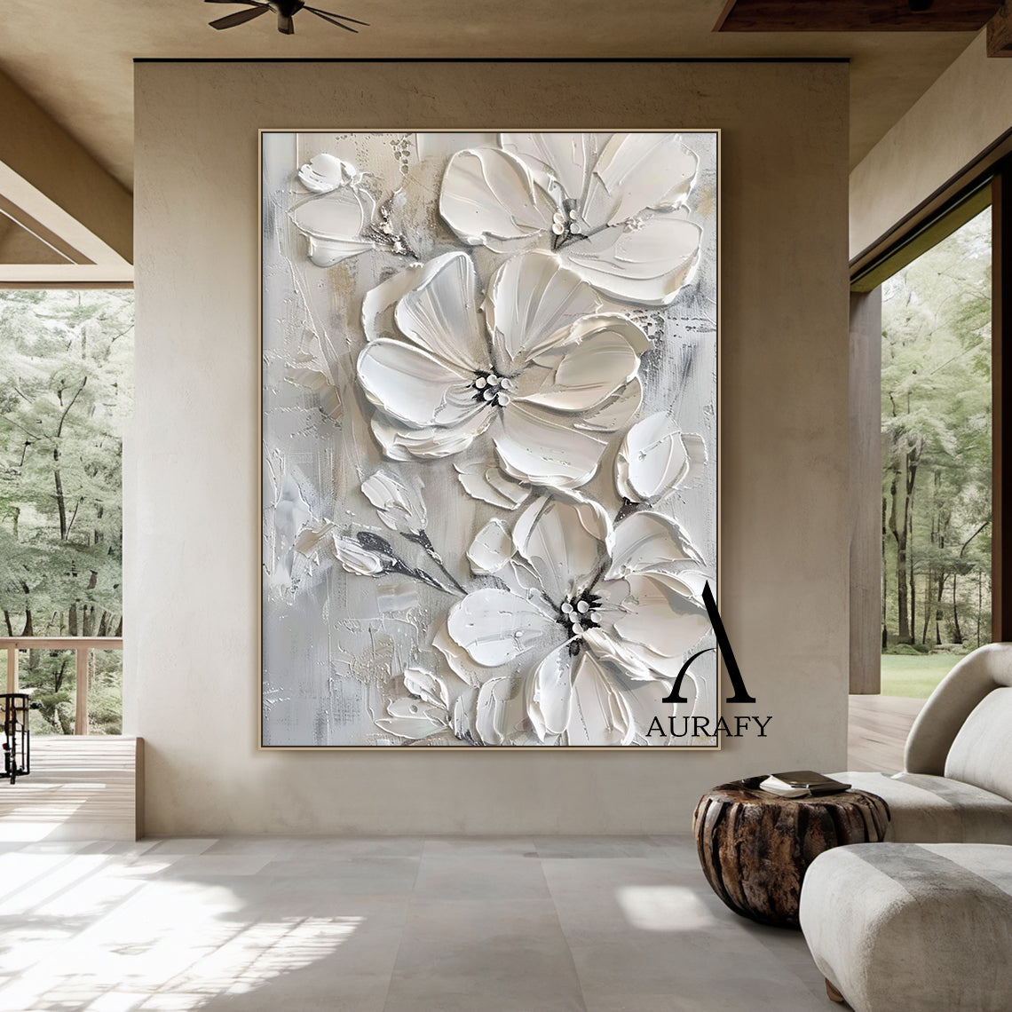 3D Textured Painting Gray White Abstract Floral Sculpted Canvas Tactile High-Relief Impasto Modern Organic Artwork AURA515