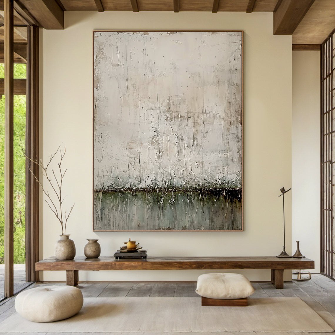 Wabi Sabi Plaster Textured Beige Green Impasto Scuffed Peeling Dripped Modern Artwork AURA576