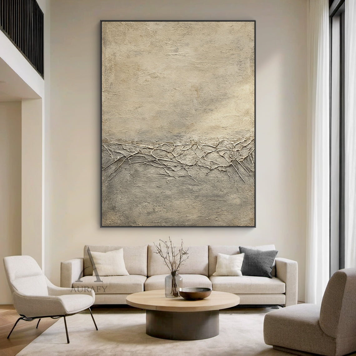 General Abstract Beige Wabi-Sabi Vintage Art with Cracked Distressed Plaster-like Tactile Texture AURA426