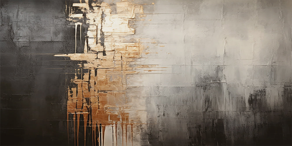 Metallic Drip Abstract Painting – Charcoal, Silver & Gold Tones – AURA030(Horizontal)