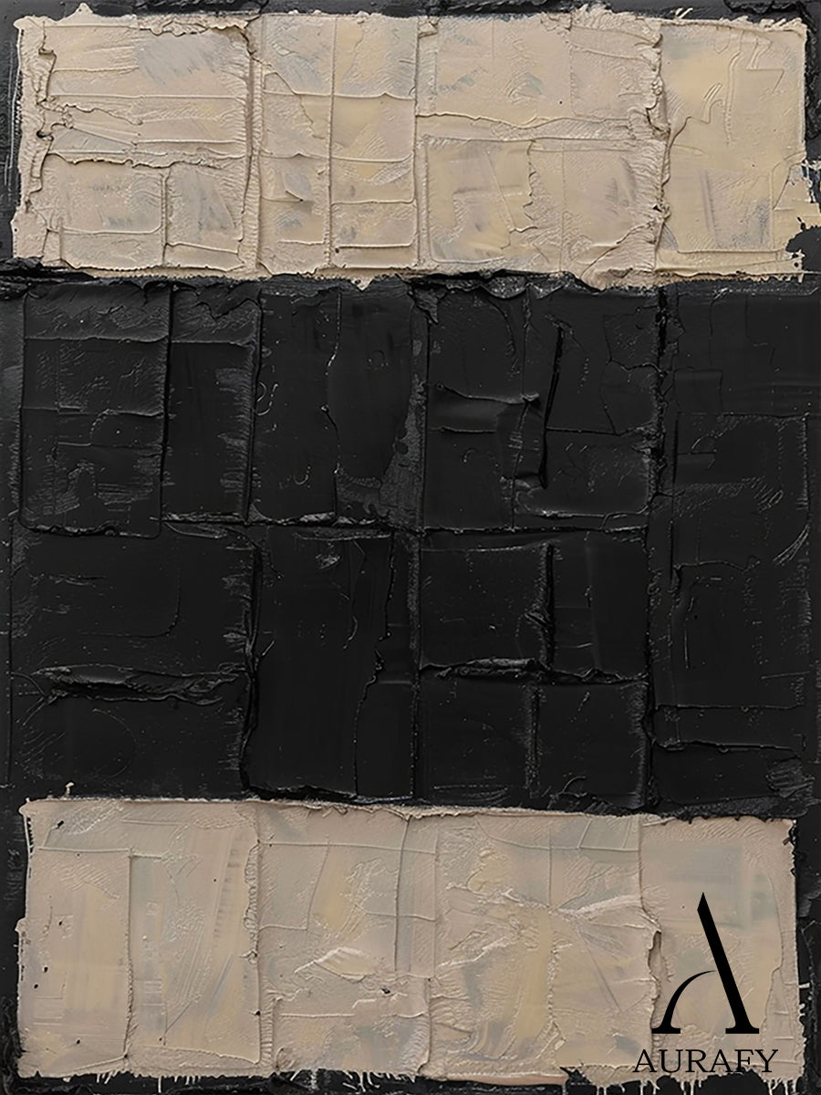General Abstract Beige Black Impasto Texture Wabi-Sabi Tactile Artwork Modern Organic Sculpted Canvas AURA474