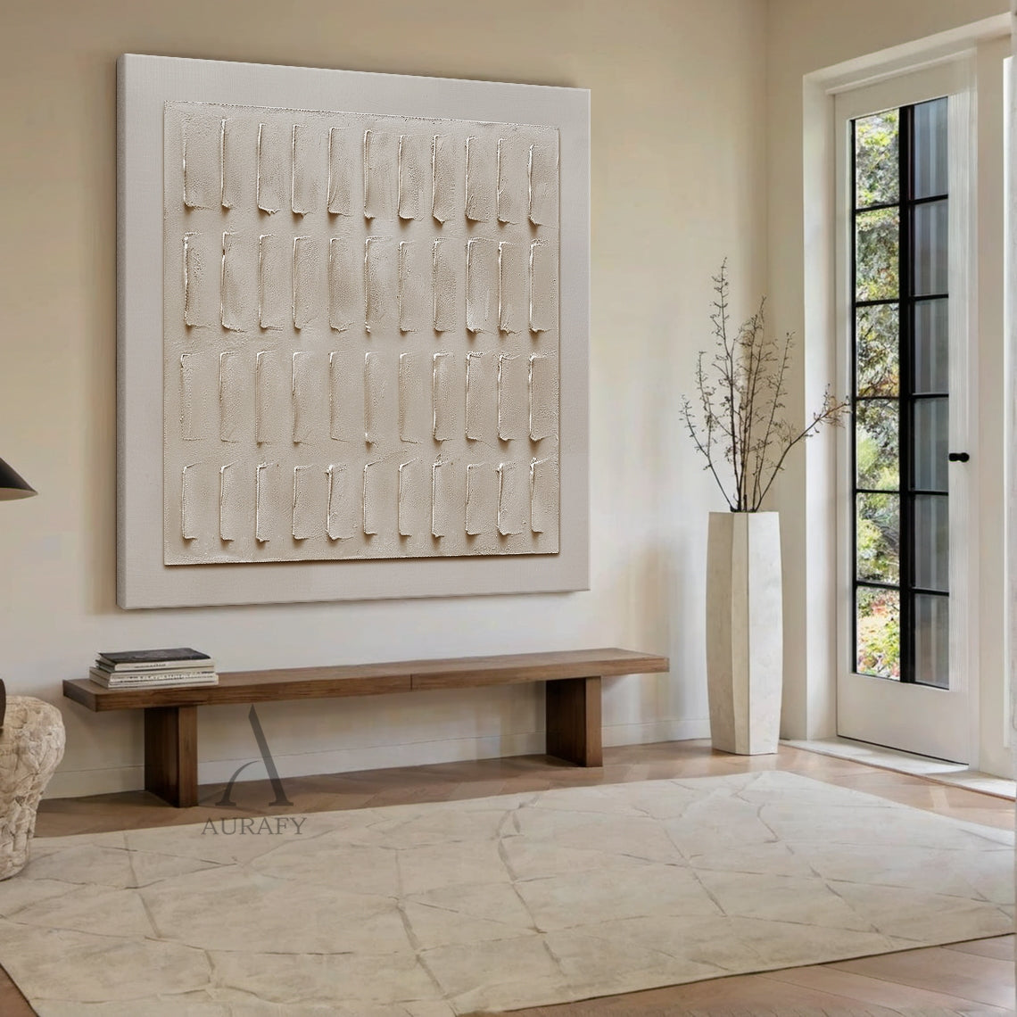 Beige Abstract Plaster Textured Art Sculpted Vertical Grid Tactile Minimalist Luxe Canvas AURA605