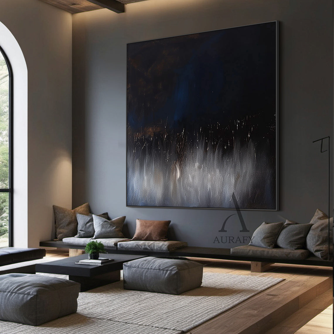 Abstract Black Blue Artwork Abstract Expressionist with flowing vertical texture, star-like light accents AURA504