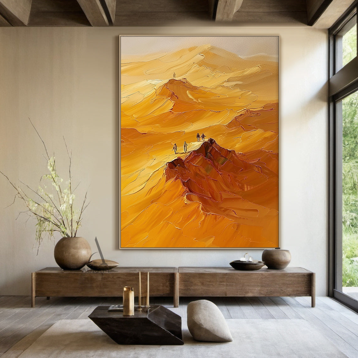 Yellow Landscape Impasto Oil Painting with Knife Strokes Tactile Surface and Exploring Figures AURA416