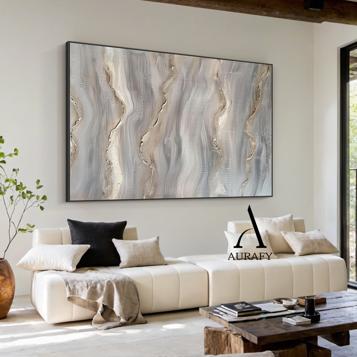 Wabi Sabi Abstract Art Impasto Textured Gray Beige Tactile Wave-Like Handcrafted Organic Canvas AURA560