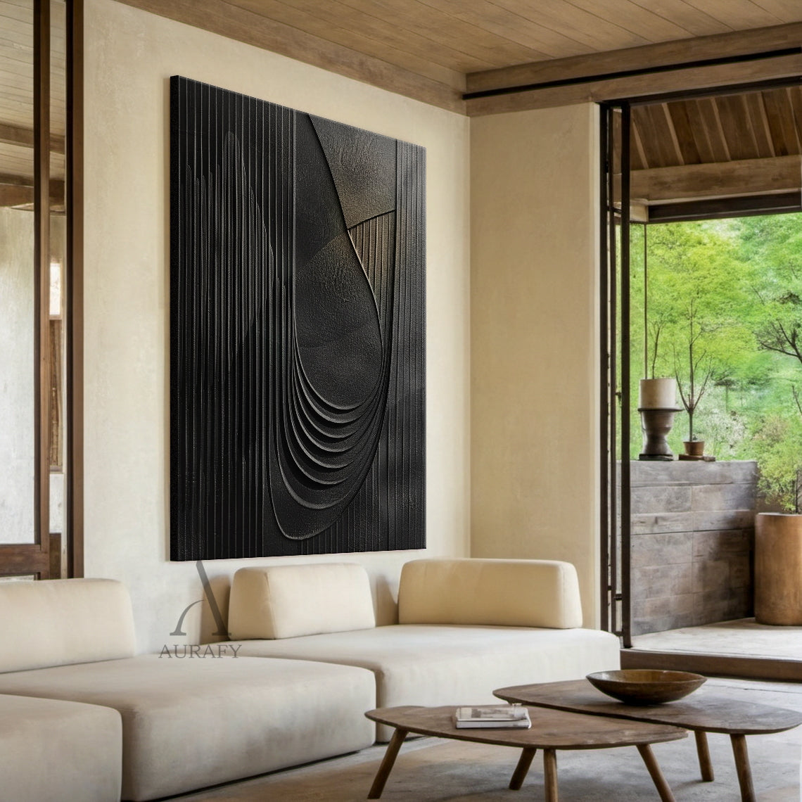 Minimalist Black Wall Art Sculpted High-Relief Tactile Surface Layered Curves Vertical Stripes AURA429