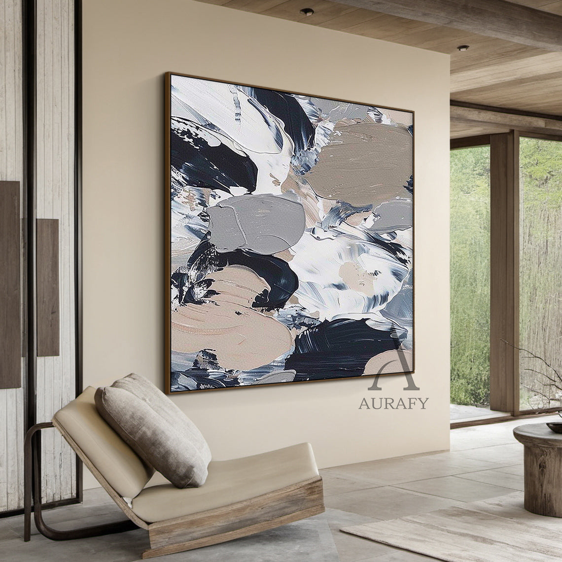 General Abstract Wall Art with Tactile Impasto Texture White Black Beige Modern Organic Design AURA478