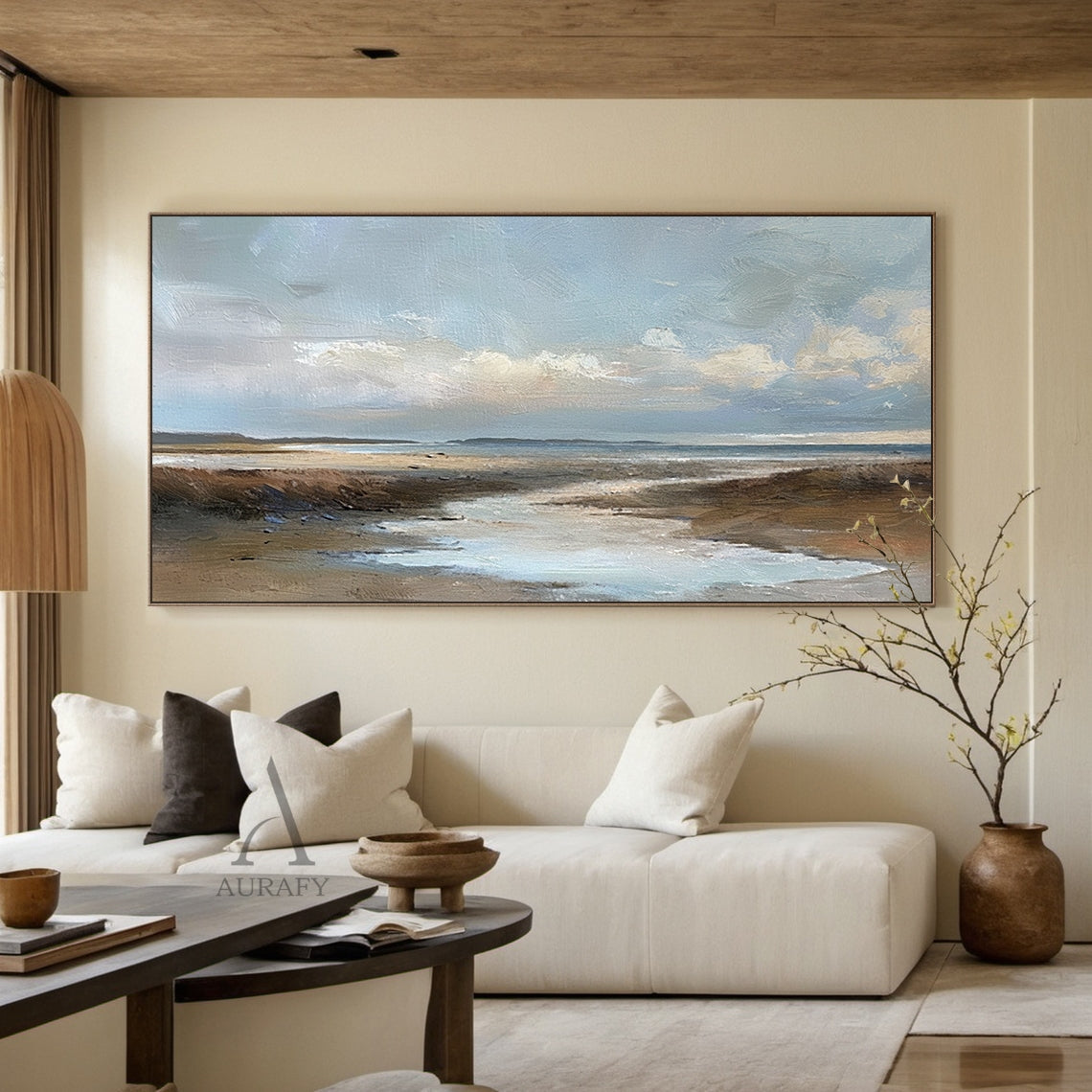 Blue Brown Knife Stroke Coastal Landscape Wabi-Sabi Textured Canvas Minimalist Oil Wall Art Decor AURA741