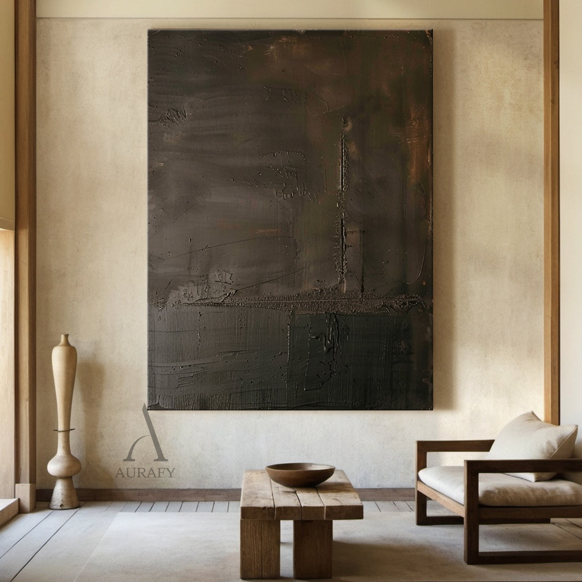 Deep Brown Tonal Abstract Wall Art with Rough Intersecting Lines - AURA829