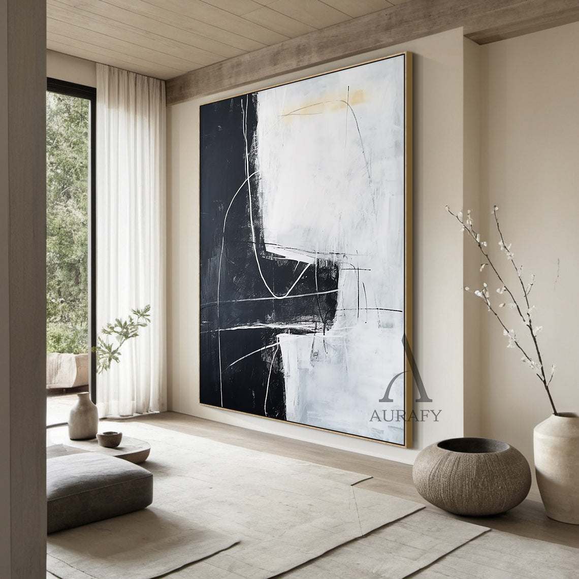 Black White Abstract Art with Rough Brushstrokes Geometric Blocks Organic Lines Tactile Surface AURA492
