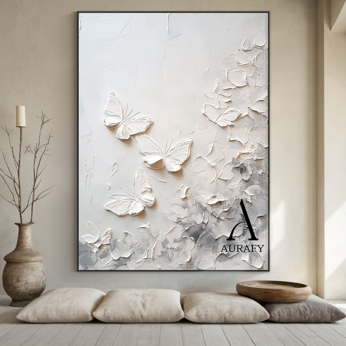 3D Textured Beige Butterfly Painting High-Relief Tactile Surface Modern Organic Minimalist Luxe Art AURA532