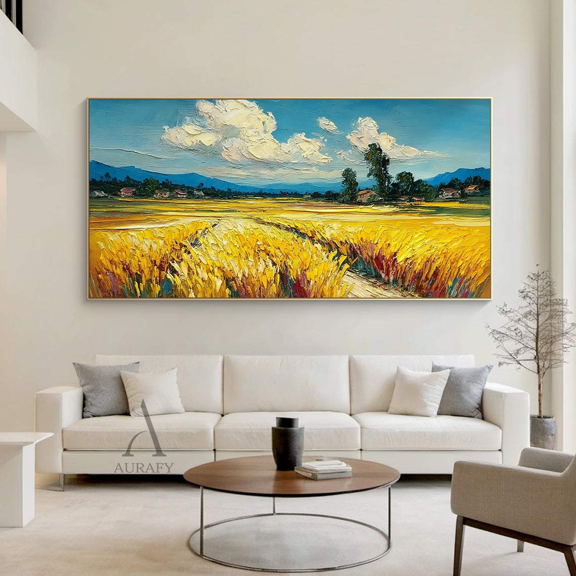 Impasto Textured Yellow Blue Wheat Field Landscape Hand Painted Oil Painting Wall Art Canvas Decor AURA745