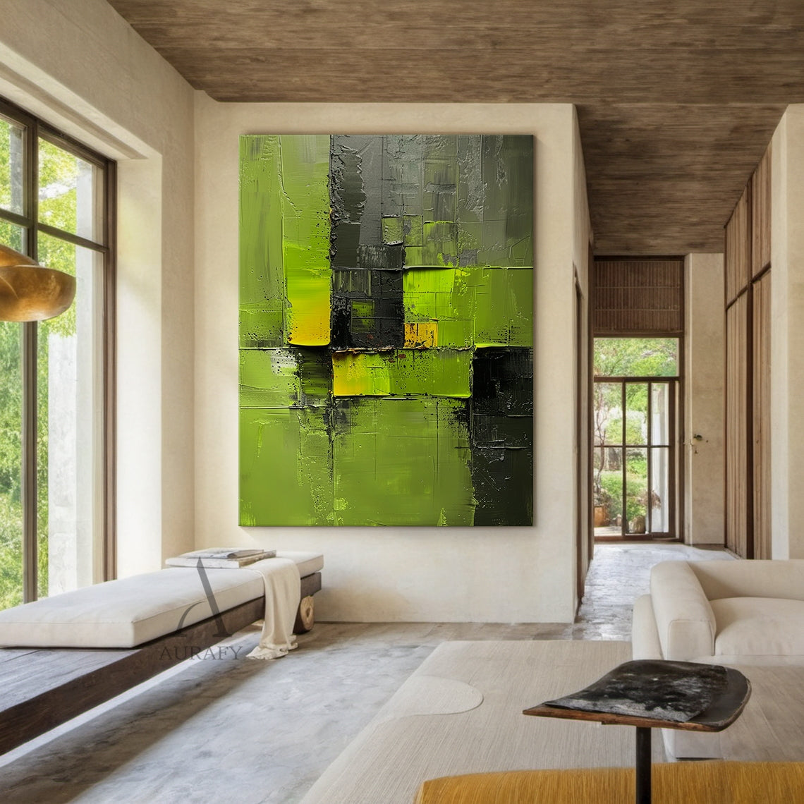 Green Abstract Art Impasto Sculpted Knife Strokes Tactile High-Relief Bold Modern Piece AURA460