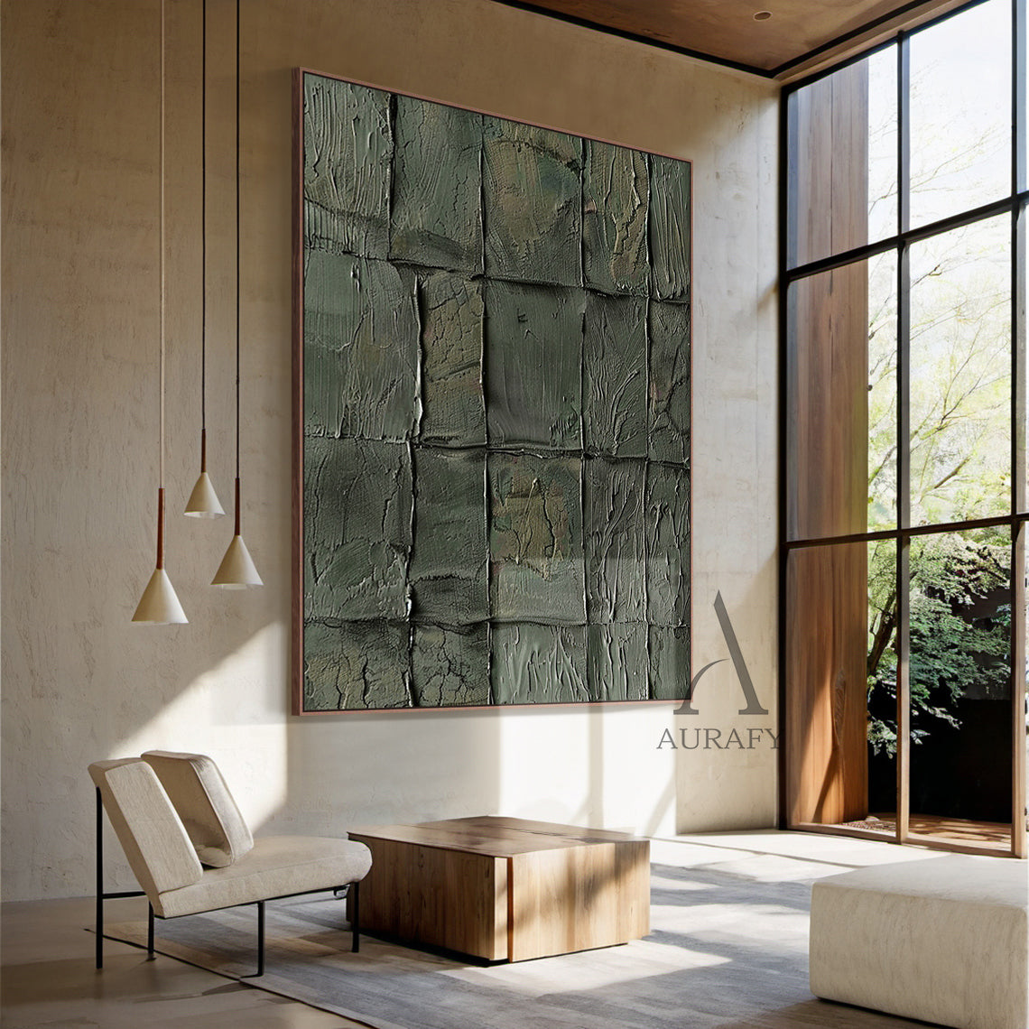 Green Abstract Art Tactile Natural Texture Grid Pattern Thick Paint Wall Decor AURA470