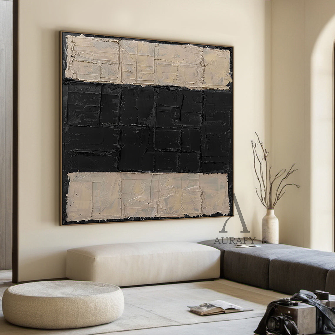 General Abstract Beige Black Impasto Texture Wabi-Sabi Tactile Artwork Modern Organic Sculpted Canvas AURA474