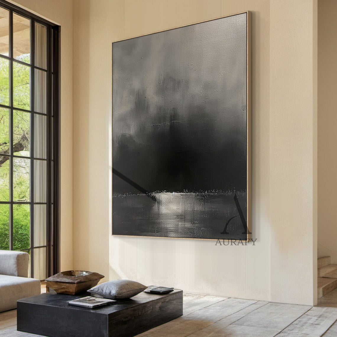 Black Abstract Art with Knife Strokes Tactile Surface Monochrome Minimalist Luxe Sculpted Canvas AURA472