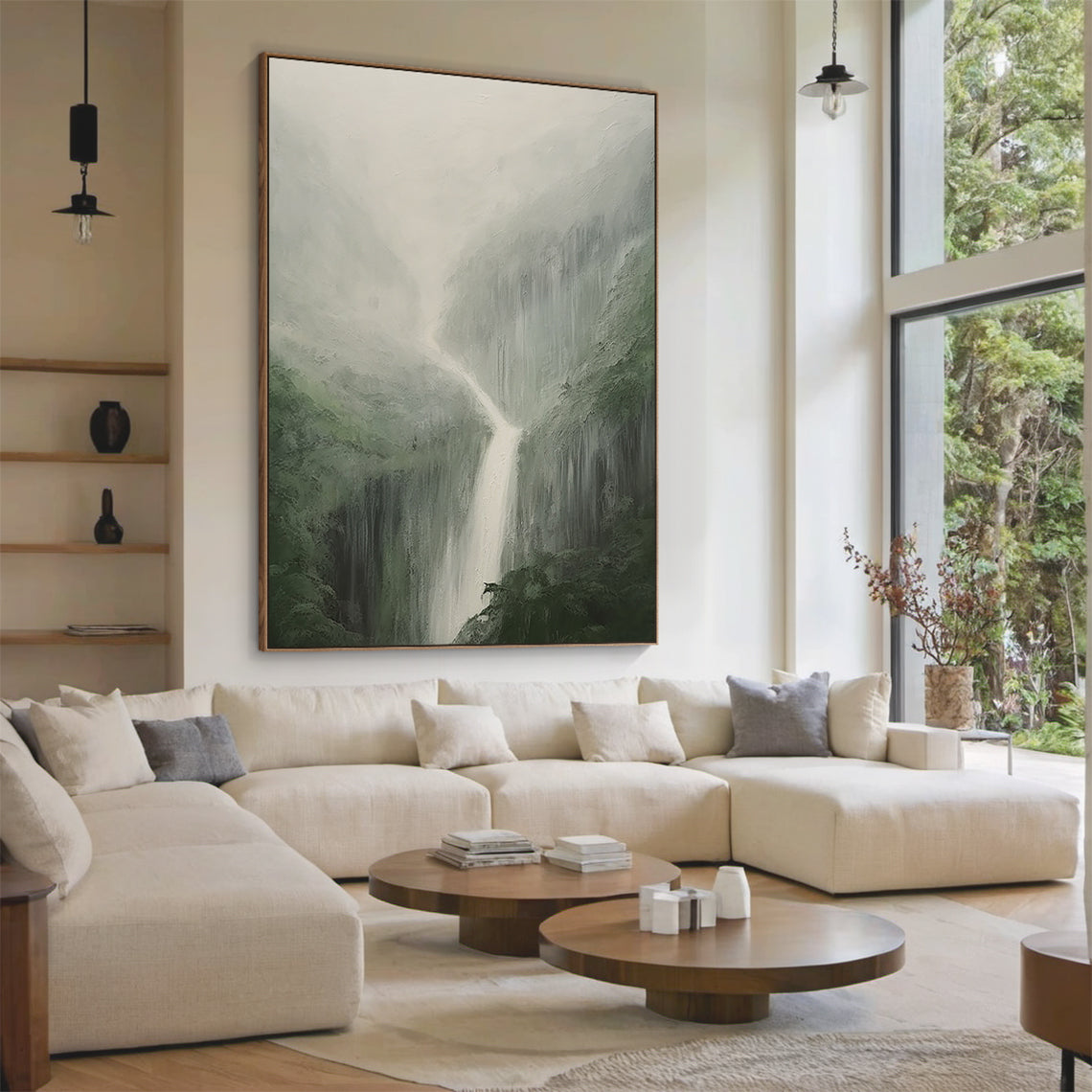 Minimalist Landscape Wall Art – Misty Waterfall & Forest Green – AURA040(Vertical)