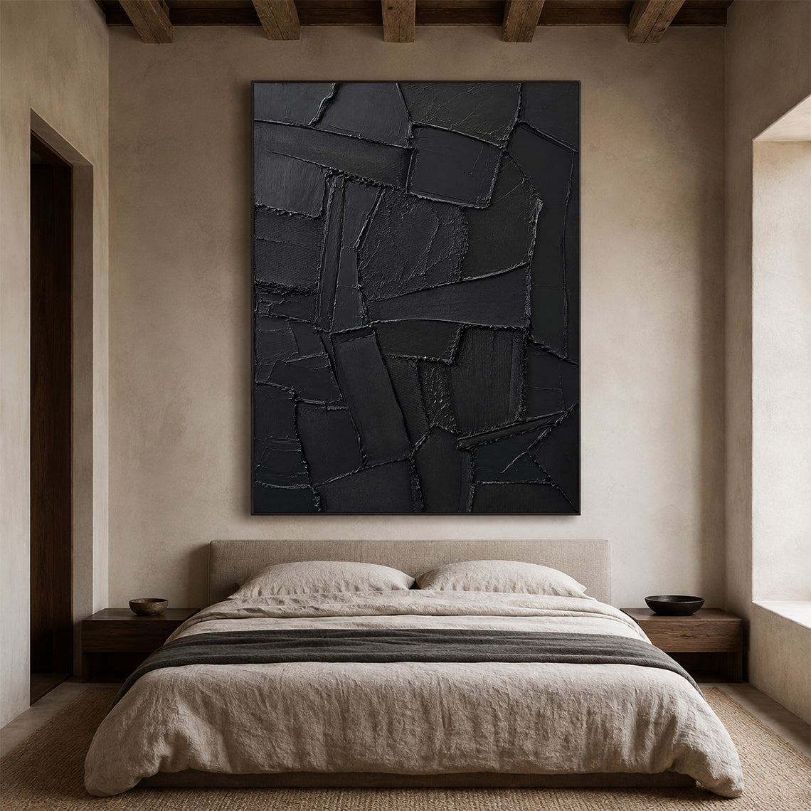Black 3D Textured Abstract Painting High-Relief Plaster Knife Stroke Minimalist Japandi Wabi Sabi Wall Decor AURA770