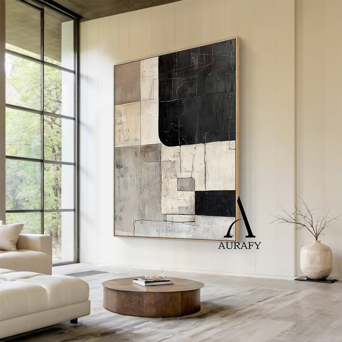 Wabi Sabi Abstract Art Tactile Scratch Textured Black Beige Gray Modern Organic Wall Decor AURA566
