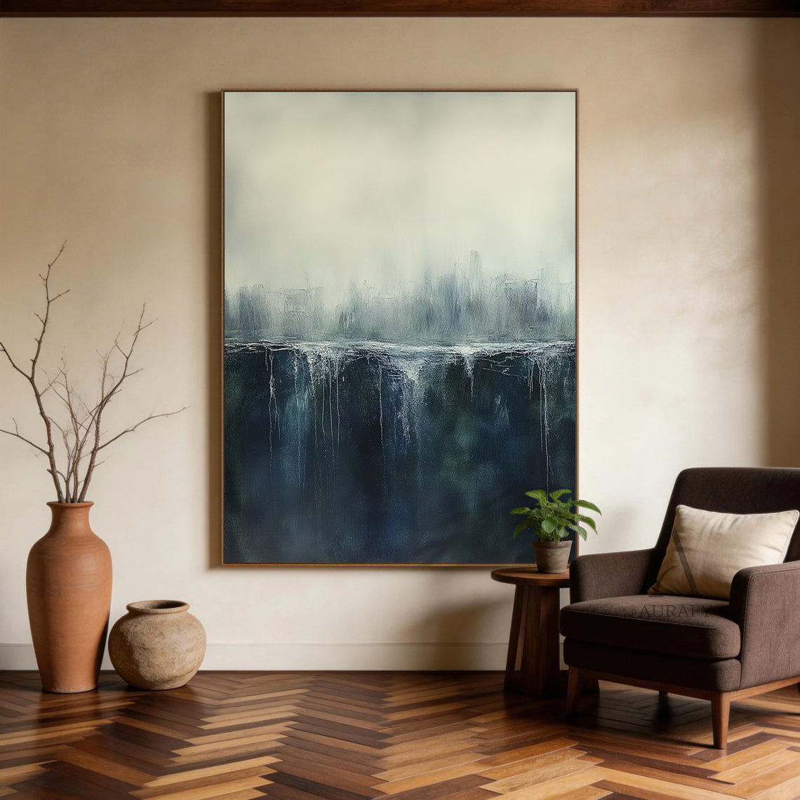 General Abstract Beige Blue Wall Art for Modern Home Decor AURA348