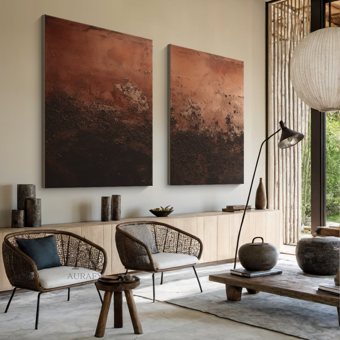 Plaster Textured Red Brown Abstract Japandi Modern Organic Tactile Canvas Wall Art AURA793